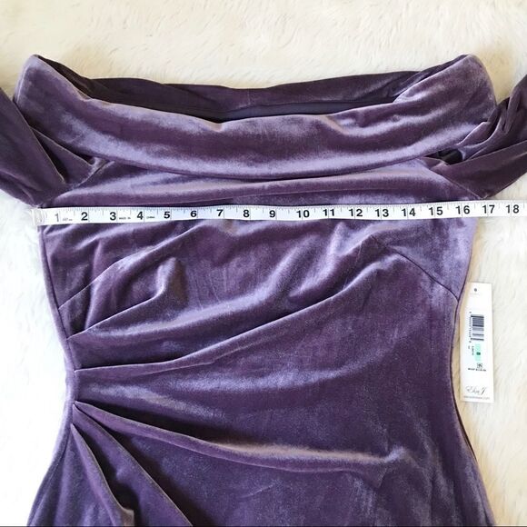 ELIZA J Velvet Off The Shoulder Dress Long Sleeve Short Sheath Purple Size 8 New - Picture 11 of 16